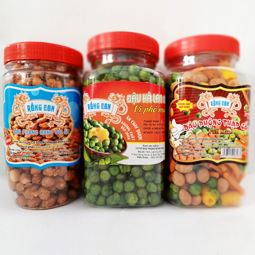 COMBO 3 Hủ: 1 Đậu Phộng Rang Tỏi 210g - 1 Hà Lan Phô Mai 220g - 1 Đậu Thập Cẩm 220g Thương Hiệu Rồng Con - Đồ ăn vặt
