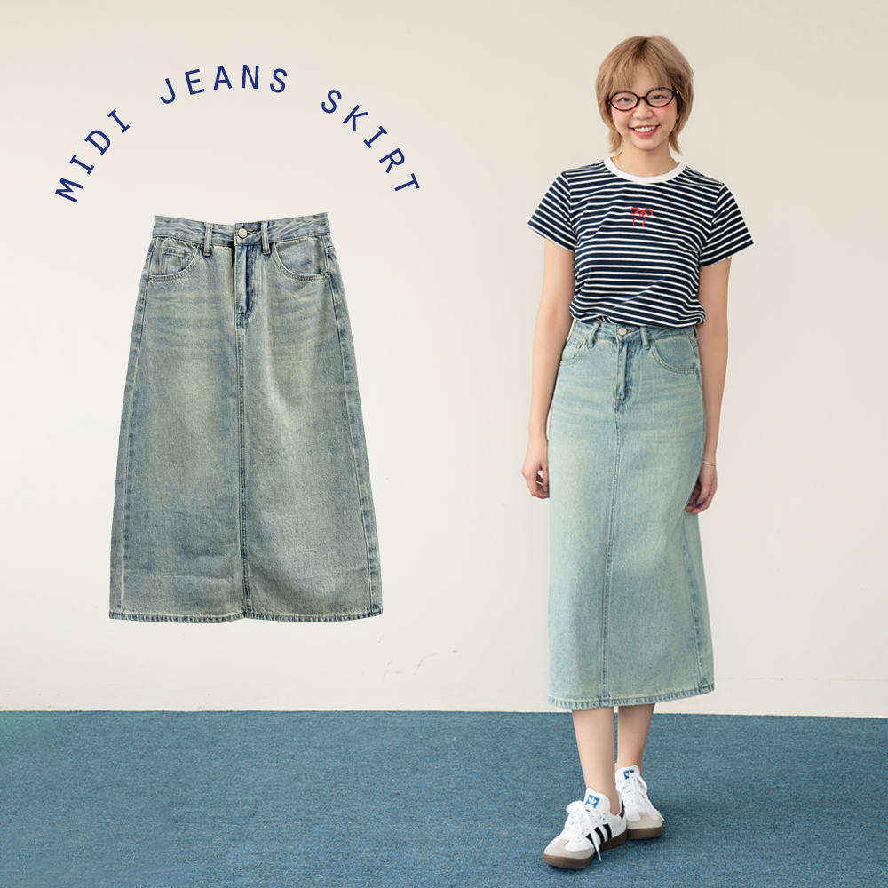 Bleubird chân váy denim dáng dài midi jeans skirt