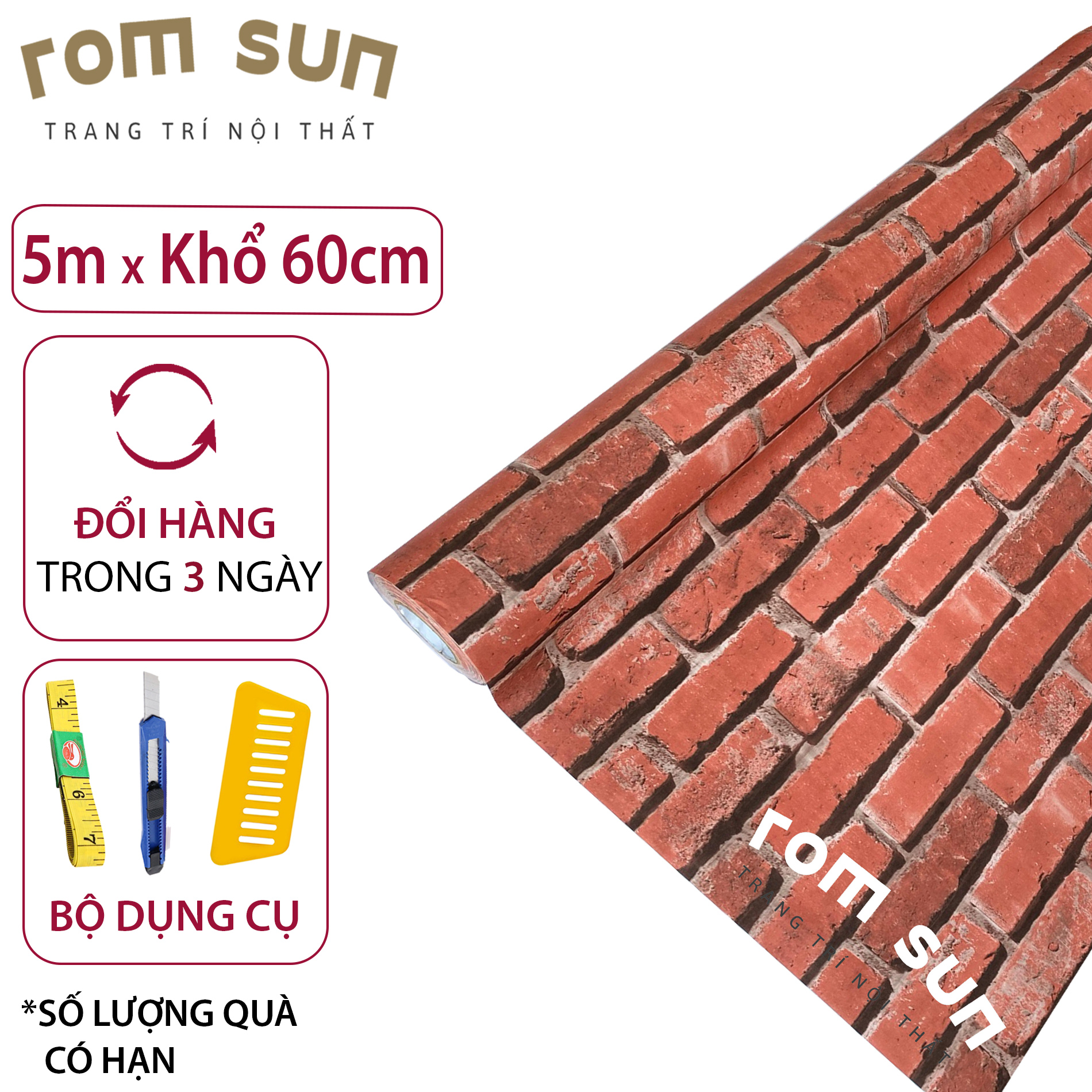 Decal dán tường phòng ngủ giả gạch đỏ khổ 60cm 1m2 phong cách hàn quốc trang trí quán cafe