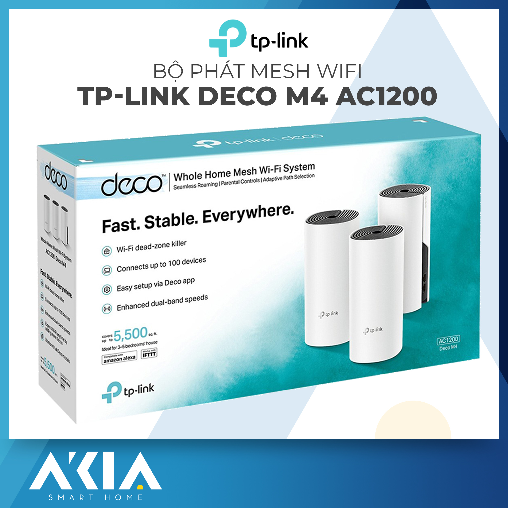 Hệ Thống Phát WiFi Mesh TP-Link Deco M4 (3-Pack) Chuẩn AC 1200Mbps - Bộ 3 Cục Phủ Wifi Toàn Nhà, 1 Tên Mạng Duy Nh ất, Chuyển phòng Wifi không cần kết nối lại