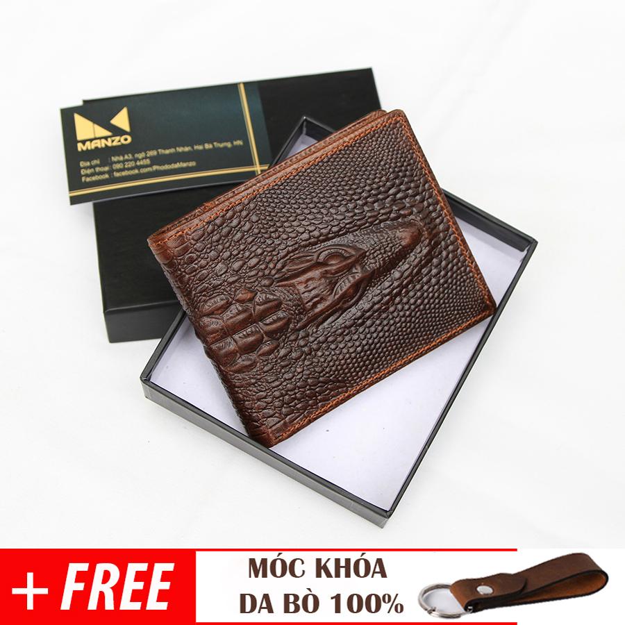 Bóp nam da bò dập vân cá sấu 100%, ví nam da bò thật - tặng móc chìa khóa da thật cực chất