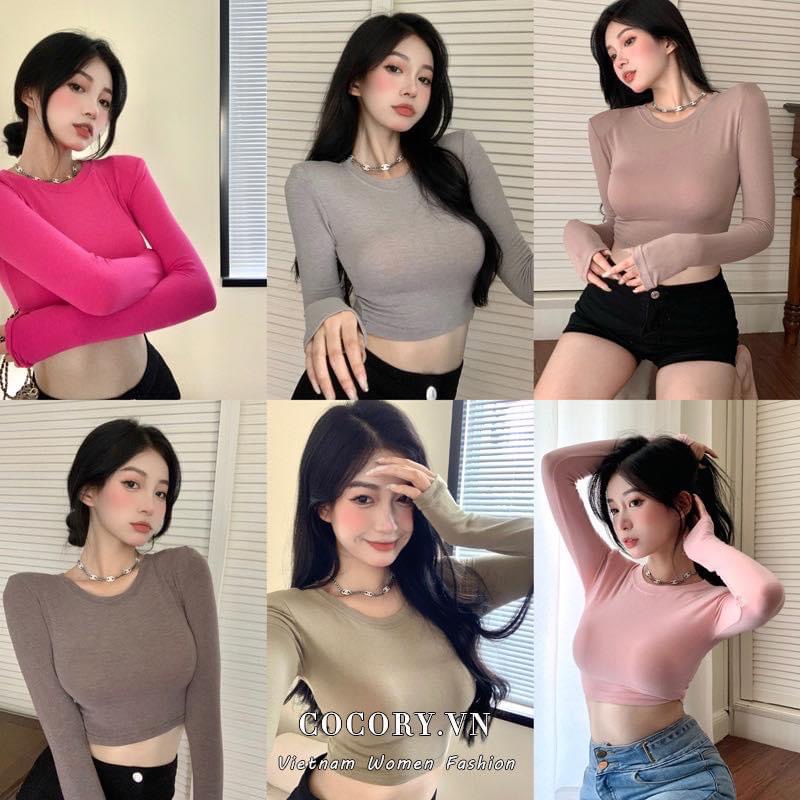 Áo Thun Nữ Áo Kiểu Nữ Cổ TRòn Tay Dài Vải Gân Co Giãn Tốt Ôm Body mềm mịn mát phối đồ siêu xinh đi cafe đi chơi đều xinh