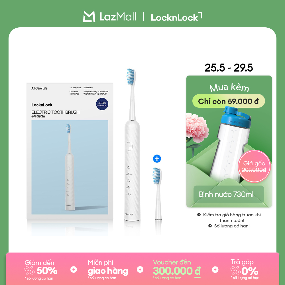 Bàn chải đánh răng điện LockLock Sonic Electric Toothbrush 40,000 VPM ENR331WHT - Công suất 1.8W - Màu trắng