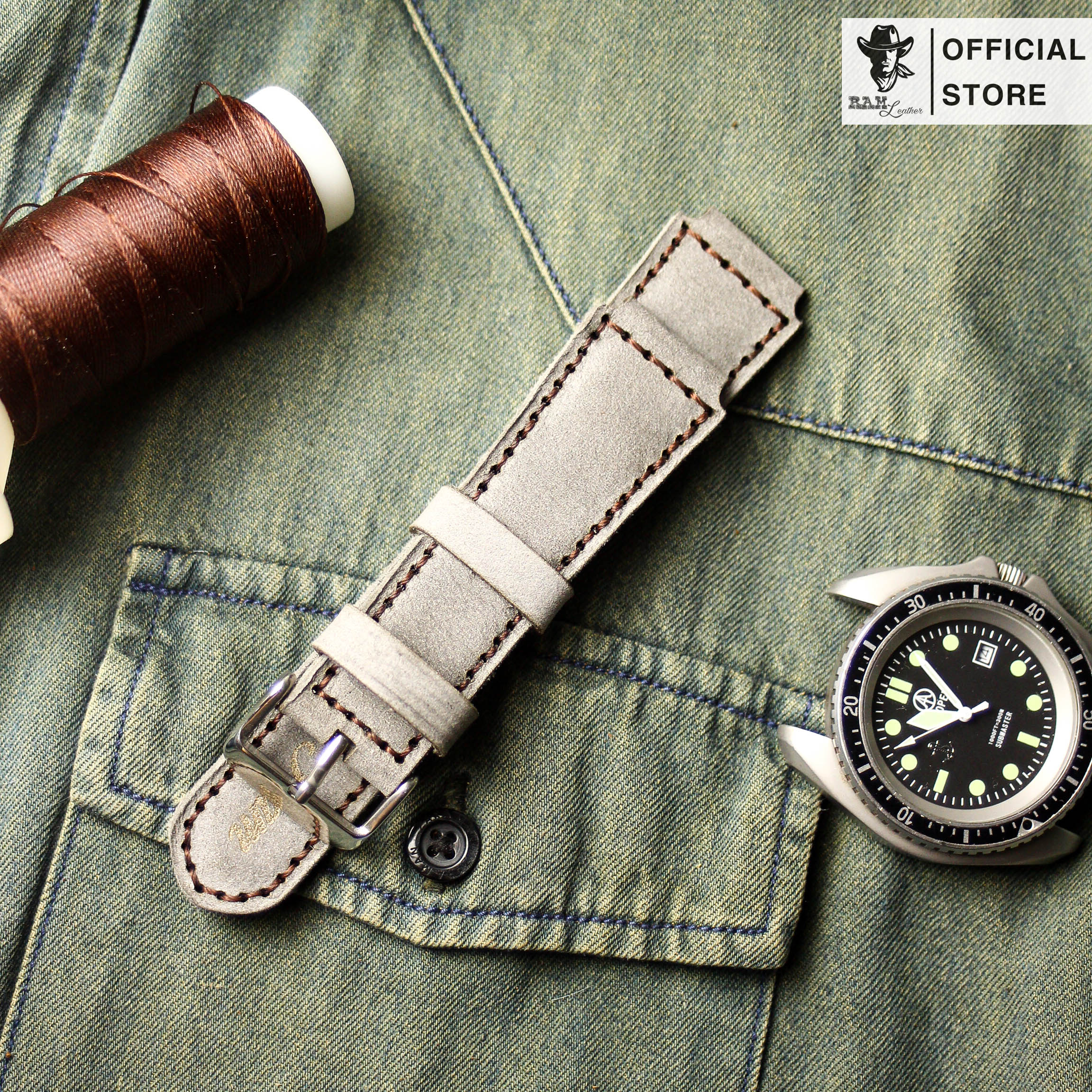 Dây da đồng hồ Siêu bền Da Bò Bản Bền Đẹp RAM Leather Classic 1939 Xám Quân Đội Đức Chính Hãng RAM Leather