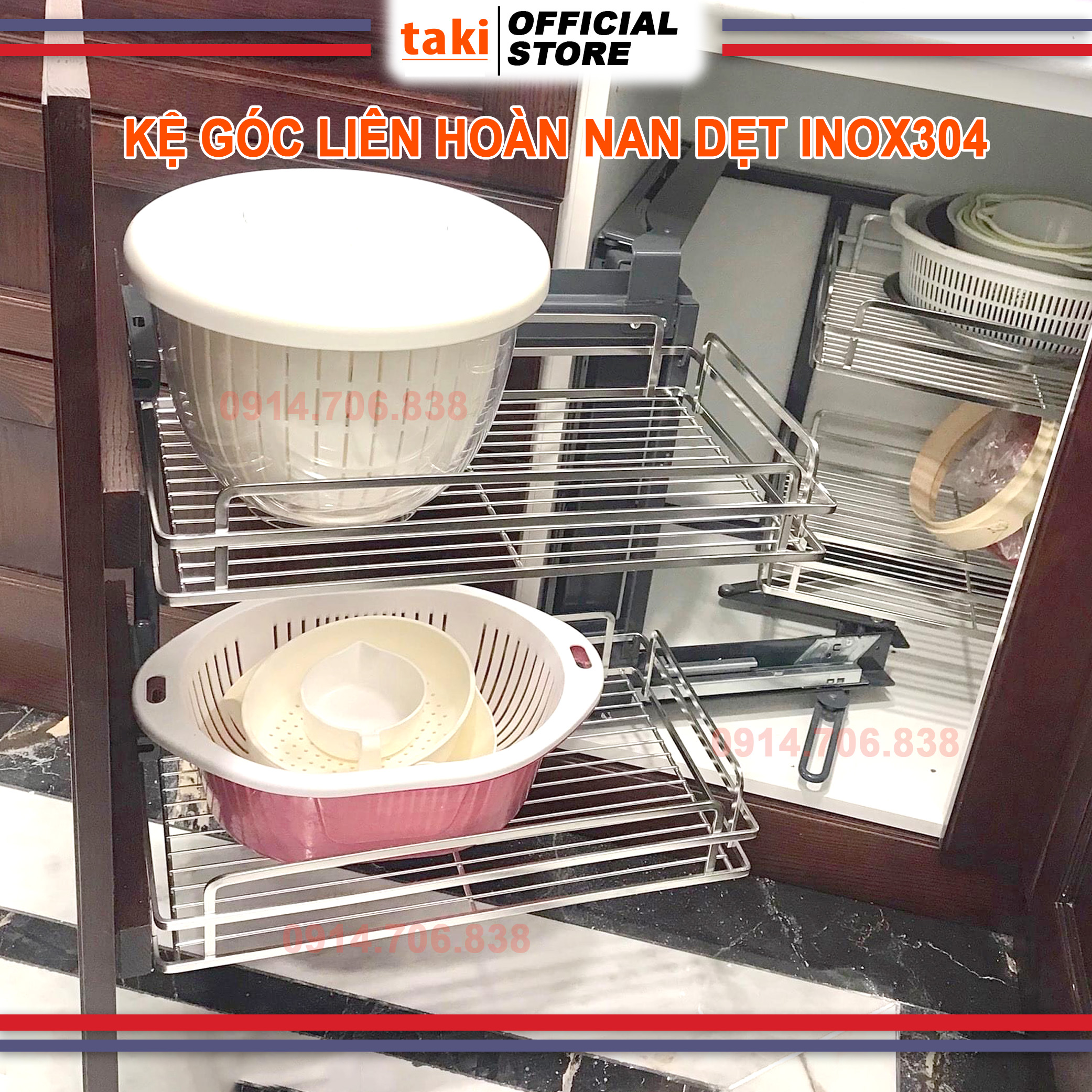 Kệ Góc Liên Hoàn NAN DẸT Cho Tủ Bếp Góc INOX304 Cao Cấp - Bảo Hành Chính Hãng