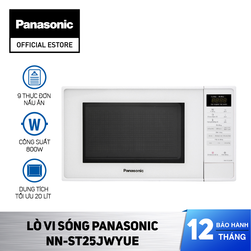 Lò vi sóng Panasonic NN-ST25JWYUE - Dung tích 20L, Công suất 800W, Đa dạng chức năng: hâm, nấu, rã đông, 9 thực đơn tự động, Bảng điều khiển điện tử tiếng Việt - Bảo Hành Chính Hãng 12 tháng