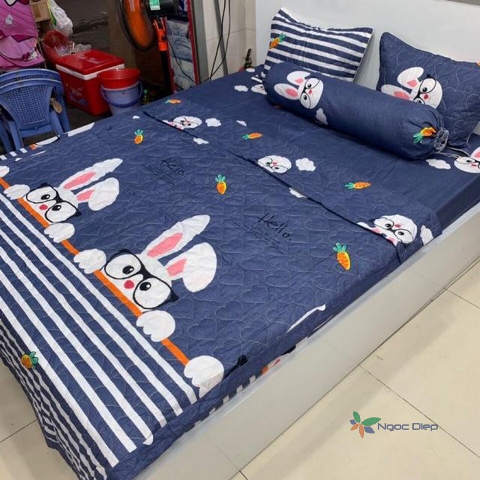 Chăn mền hè thu poly cotton trần bông 2 mặt mẫu Thỏ trắng