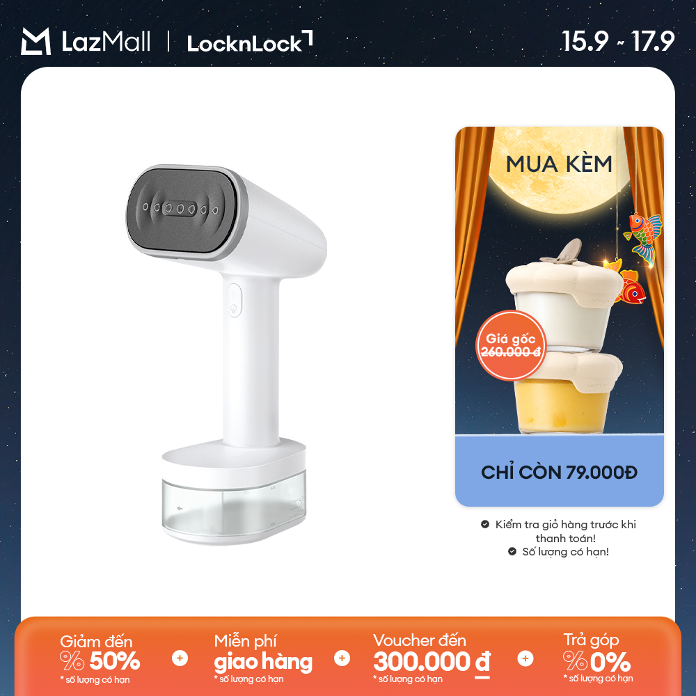 ENI223WHT - Bàn ủi hơi nước cầm tay LockLock - Làm nóng nhanh 30s, Mặt là sứ an toàn, 2 đầu chải đi kèm, tự làm sạch - BH 2 năm