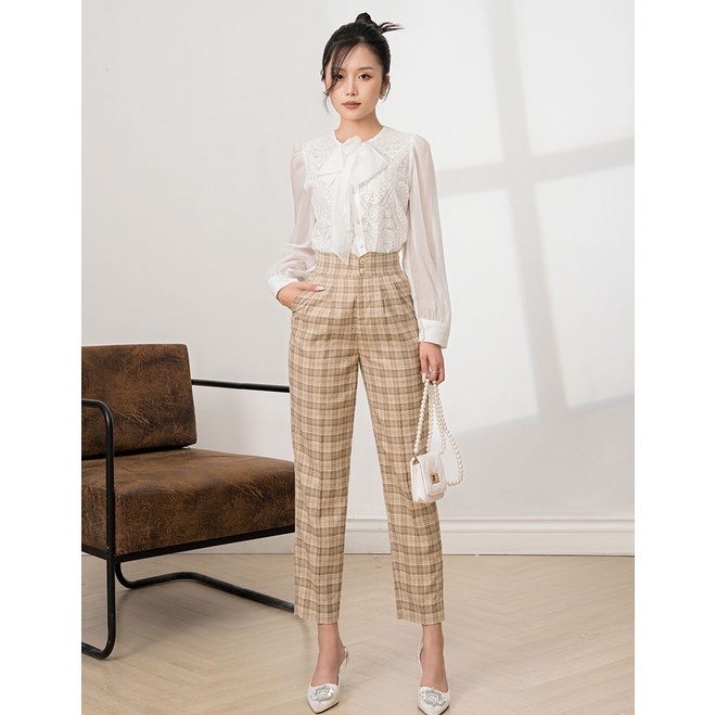 Quần công sở 2 khuy cạp cao, chất liệu Twill kẻ nâu thanh lịch Orchid GT7O598