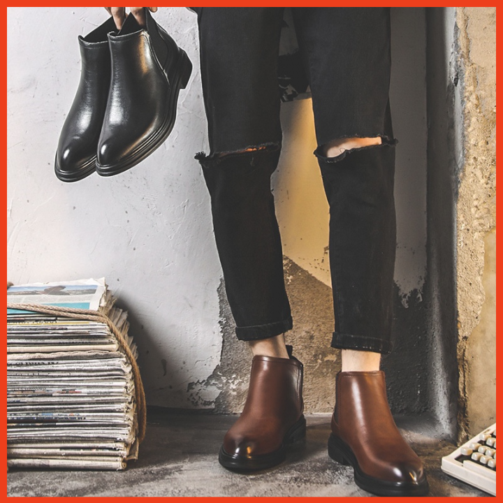 Giày Chelsea Boots Cổ Lửng Màu Nâu Da Bò Nguyên Tấm Nhập Khẩu Đế Cao Su Đúc Nguyên Khối
