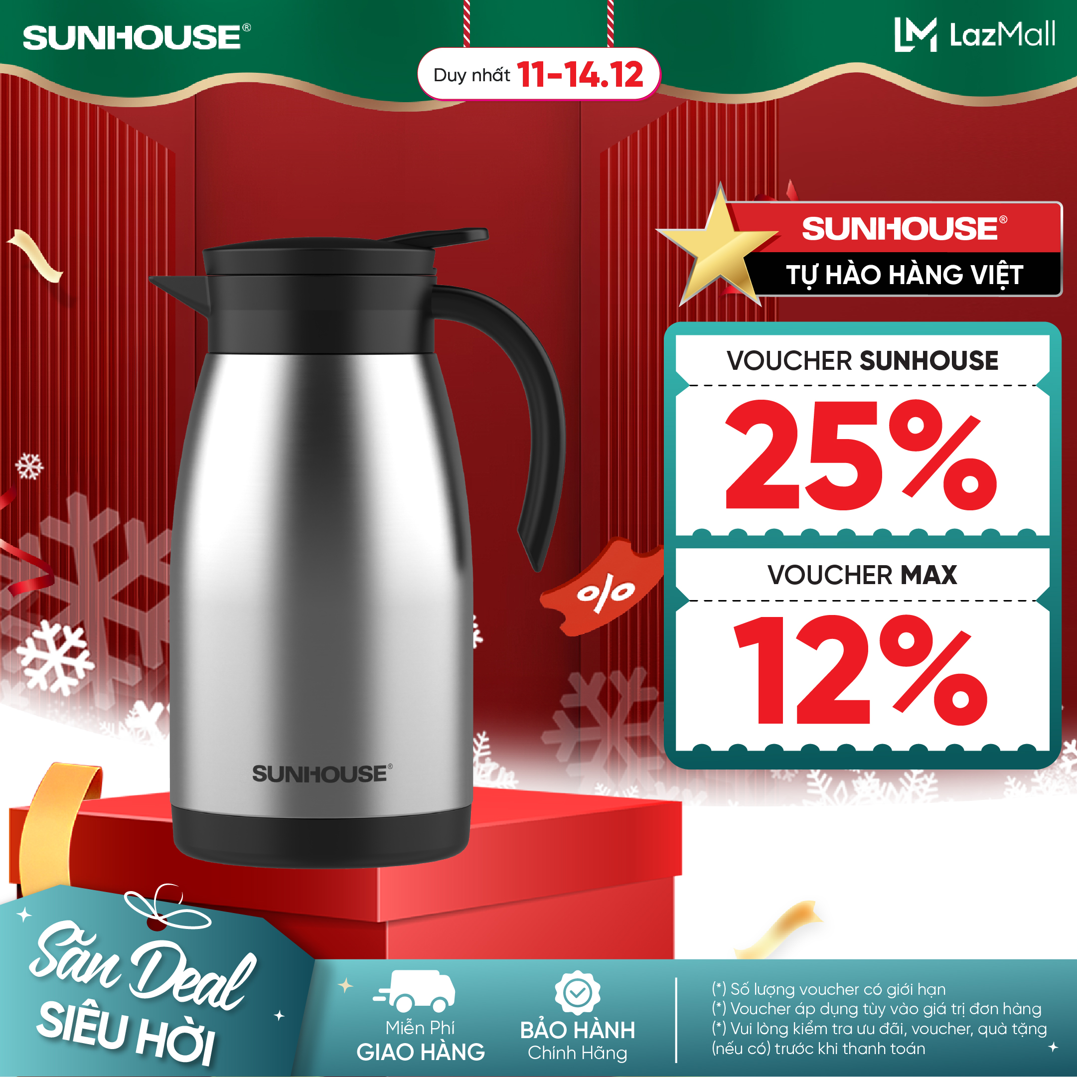 Ấm giữ nhiệt pha trà 1.4L Inox 304 Sunhouse KS-TH1400TI - Inox 304 an toàn - Giữ nhiệt tới 10h - Nắp nhấn tiện lợi