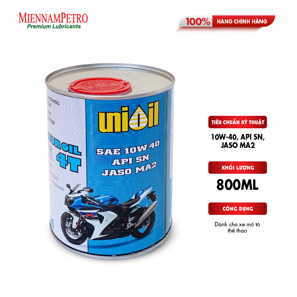 Dầu nhớt tổng hợp miennampetro unioil motor oil 4t 10w-40 api sn jaso ma2 0.8l cao cấp dành cho xe mô tô thể thao