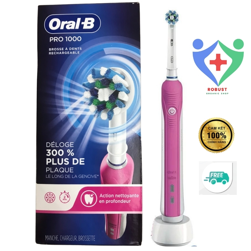 [Hoàn Tiền 10%] Bàn chải Oral B pro 1000 Bàn Chải Điện Sạc Pin Có Báo Đèn Dễ Dàng Thay Đầu Bàn Chải - Đầu Lông Mềm An Toàn Răng và Nướu Hàng Mỹ