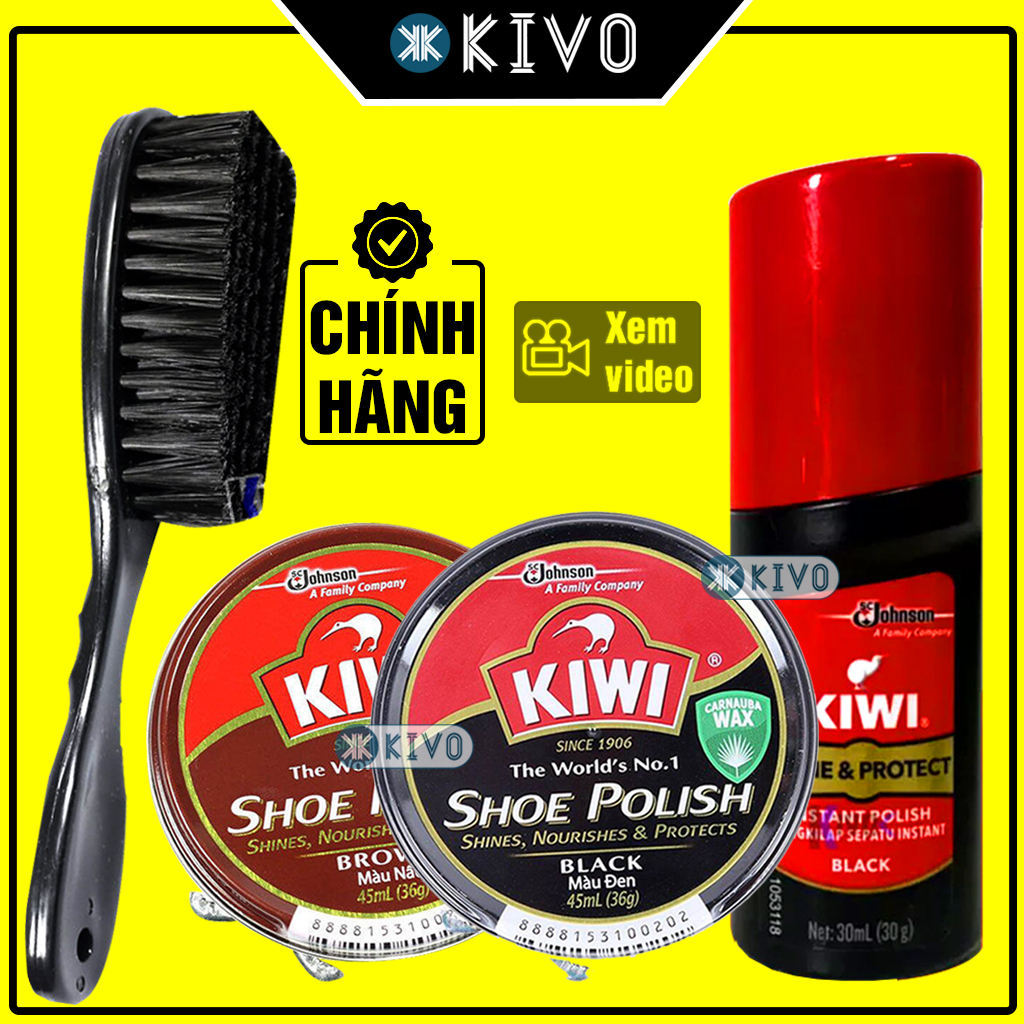 Xi Đánh Giày Đen, Nâu CAO CẤP KIWI CHÍNH HÃNG - Si Đánh Giày Kiwi Đen Nâu - Bộ dụng cụ Vệ Sinh Giày Gồm Sáp Đánh Giầy và Bàn Chải Đánh Giày, Xi Sáp, Xi Nước - Dụng Cụ Đánh Bóng Giày  Kivo
