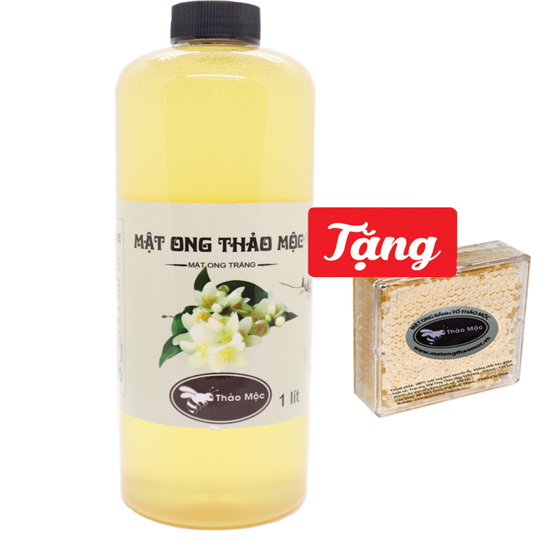 Mật ong trắng mù cang chải yên bái chai 1 lít tặng hộp mật ong bánh tổ thảo mộc 250gr