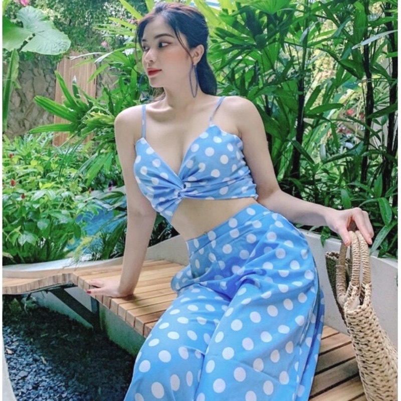 Bikini 2 mảnh gồm quần dài và áo 2 dây đi biển kèm tuban đội đầu xinh xắn, Bikini 2 manh, đồ đi biển, bikini liền thân, bikini cho nữ, bikini cao cấp, bikini đẹp, bikini