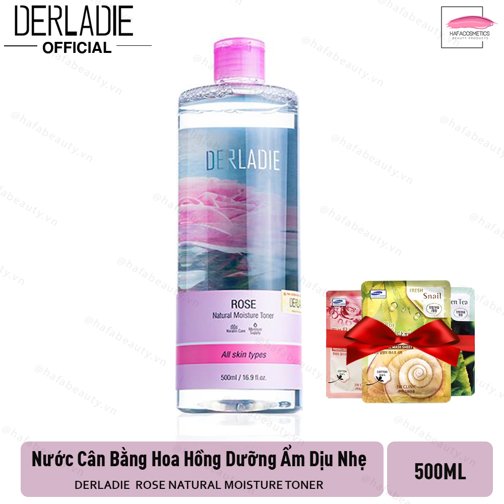 [XẢ HÀNG] Nước Hoa Hồng Cấp Ẩm, Phục Hồi Da, Se Khít Da Derladie Rose Natural Moisture Toner 500ml + Tặng Nạ Hàn Quốc 3WClinic (Loại Ngẫu Nhiên)