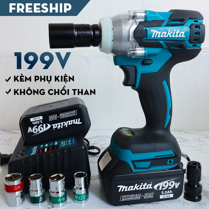 Tặng 5 đầu khẩu + đầu chuyển vít - Máy bắn bulong Makita 199V, Máy siết ốc, máy vặn bu lông dùng pin 10 cell - Máy siết bulong cầm tay lực siết khỏe 320 n.m - Máy bắn vít, máy khoan- Máy chuyên vặn ốc, mở bulong, mở ốc nồi tay ga