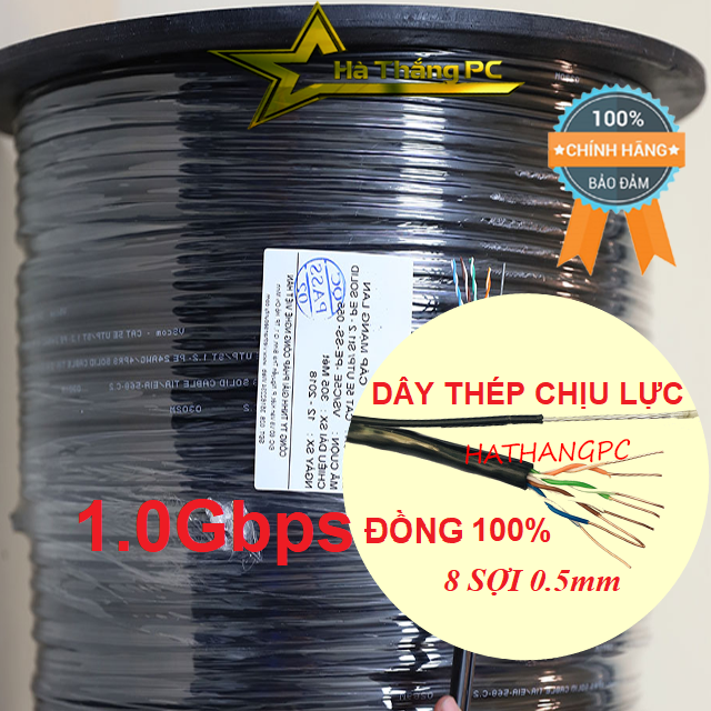 Dây mạng ngoài trời lõi 8 sợi bấm sẵn 60m 70m 80m 90m 100m có dây thép chịu lực - CAT5E 1Gbps