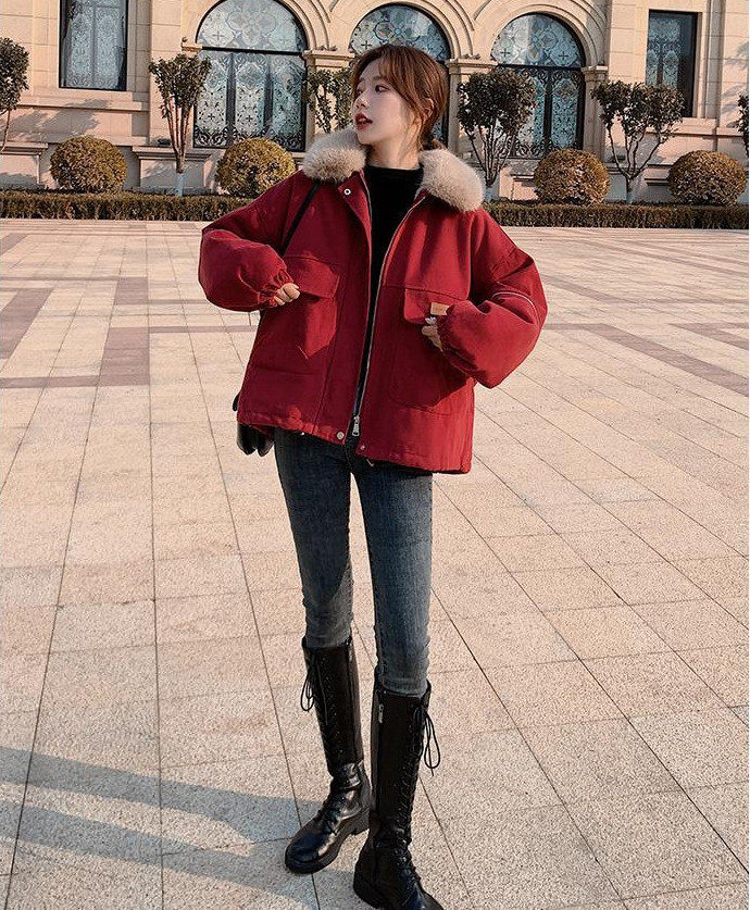 Áo khoác kaki đỏ lót lông mác da 🦋 áo cổ lông đại hàn dáng rộng khóa kéo 🦋