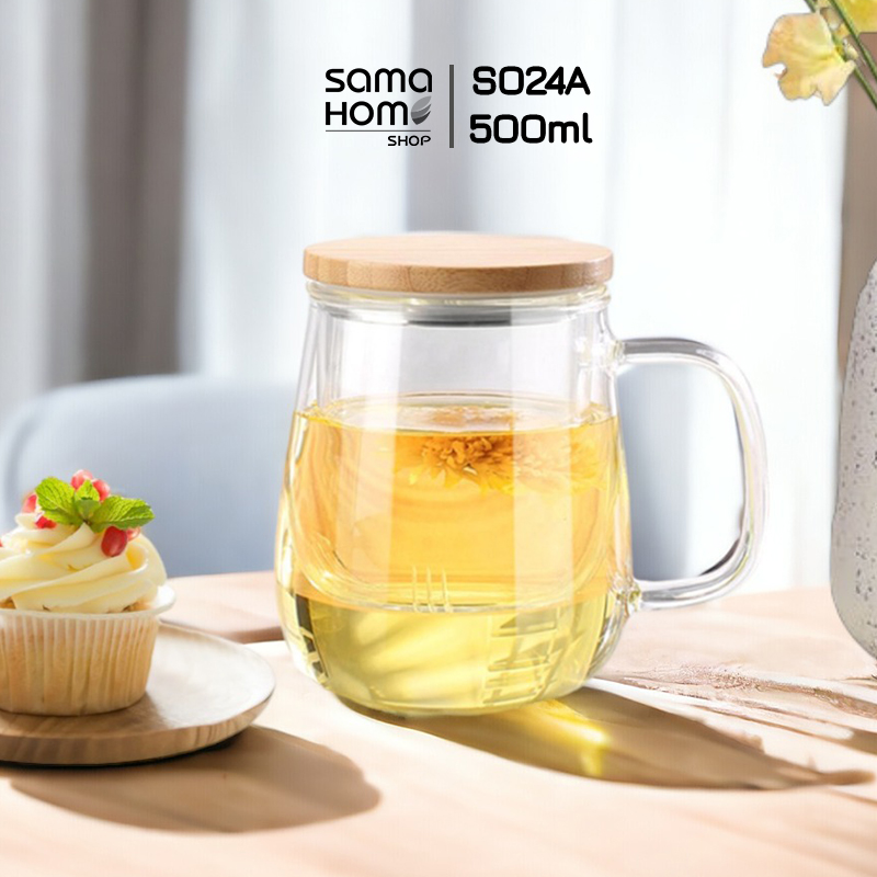 Cốc trà thủy tinh chịu nhiệt có lọc trà bằng thủy tinh S024A 500ml - Ly lọc trà thủy tinh chịu được nóng lạnh Samahome Shop