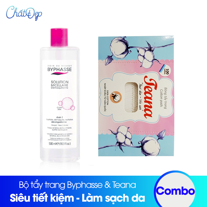 Combo nước tẩy trang Byphasse 500ml và bông tẩy trang Teana 100 miếng