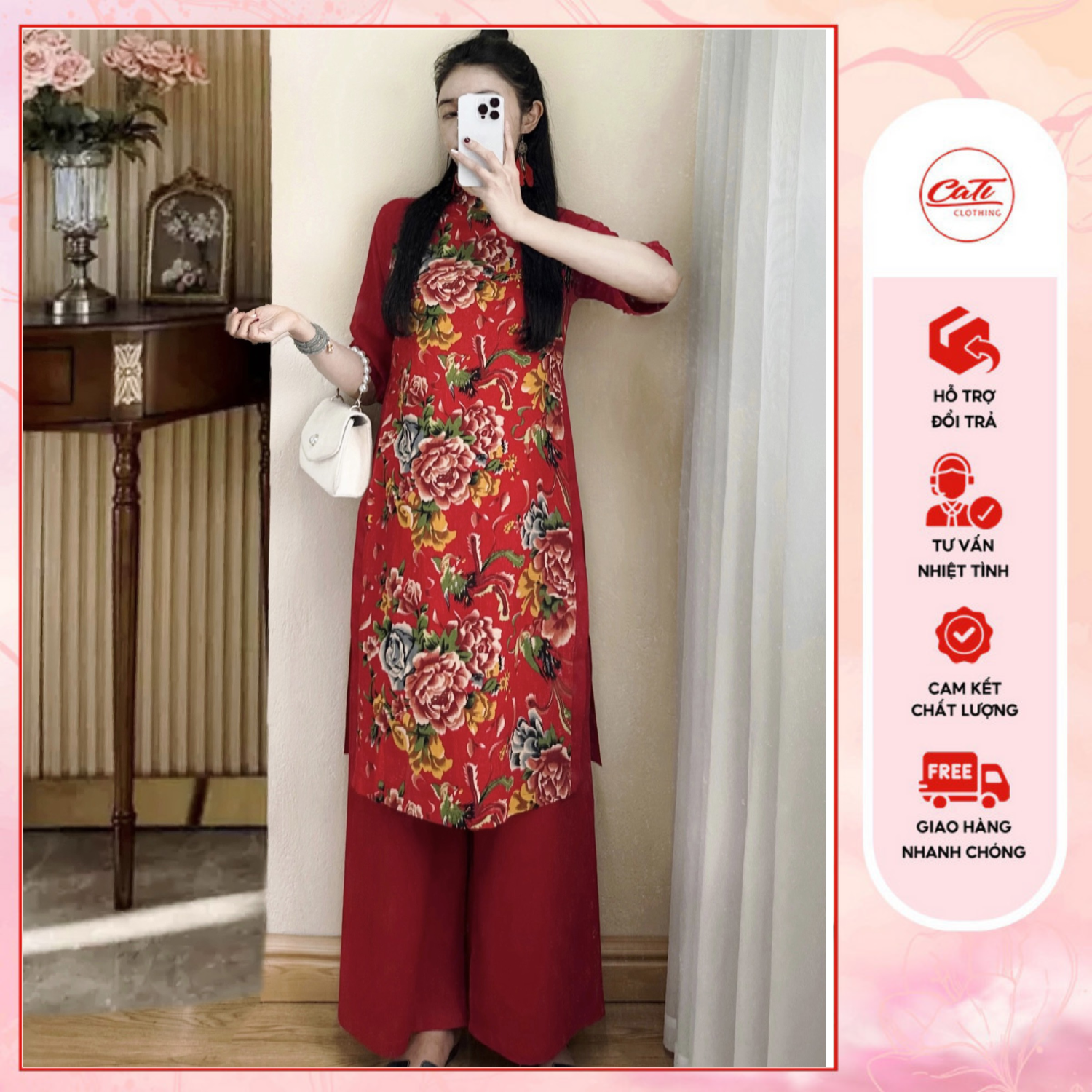 Cati set áo dài cách tân phối linen