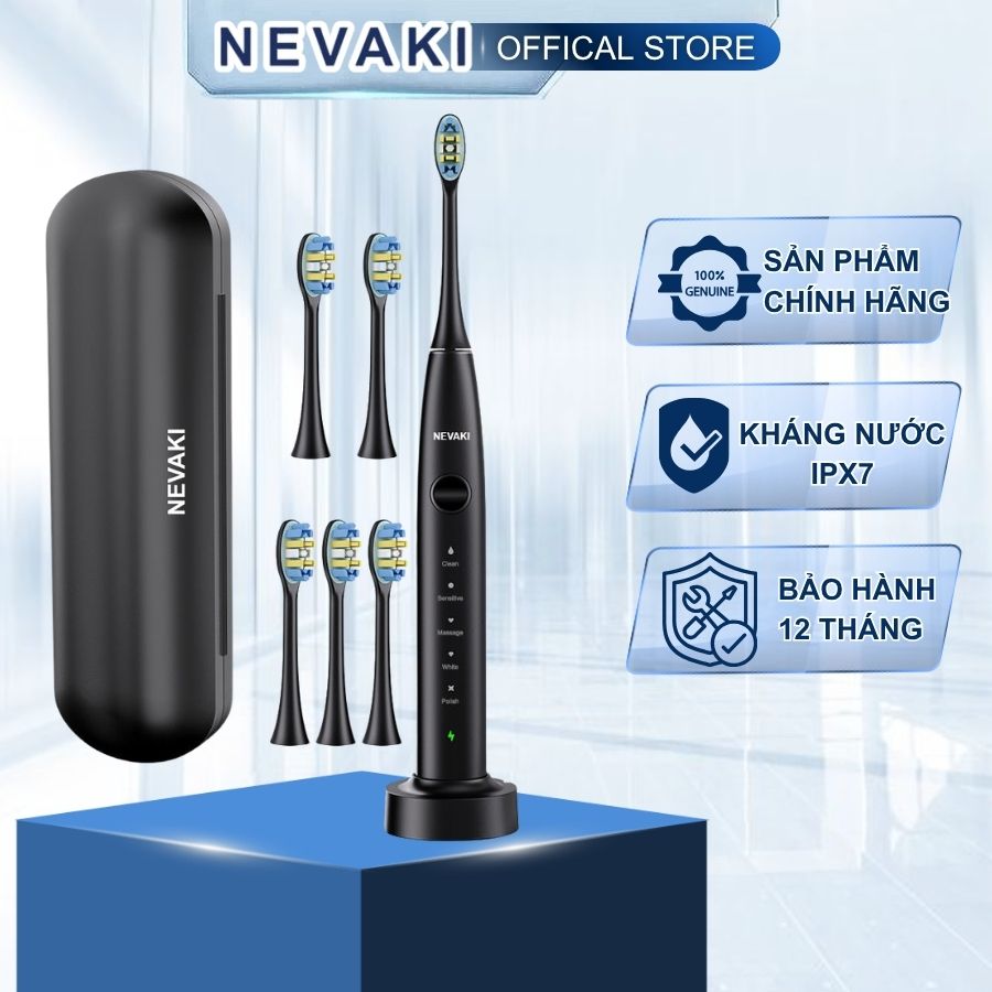 Bàn chải đánh răng điện NEVAKI X600 công nghệ sóng siêu âm với 6 đầu bàn chải thay thế, sạc không dây và hộp đựng
