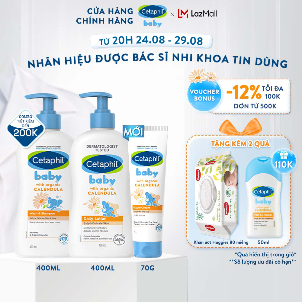 Bộ sữa tắm gội 400ml + sữa dưỡng ẩm 400ml + kem chống hăm tã 70g cetaphil baby with organic calendula