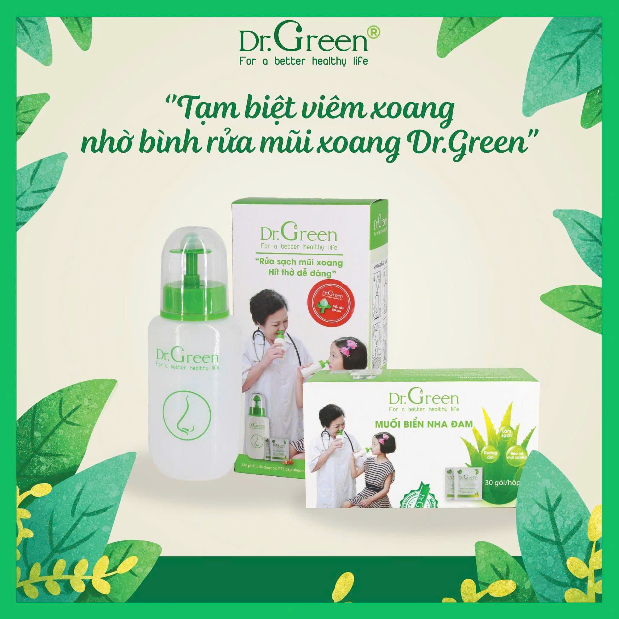Bình rửa mũi Dr Green đầu rửa Silicon và 10 gói muối mẫu mới êm mũi