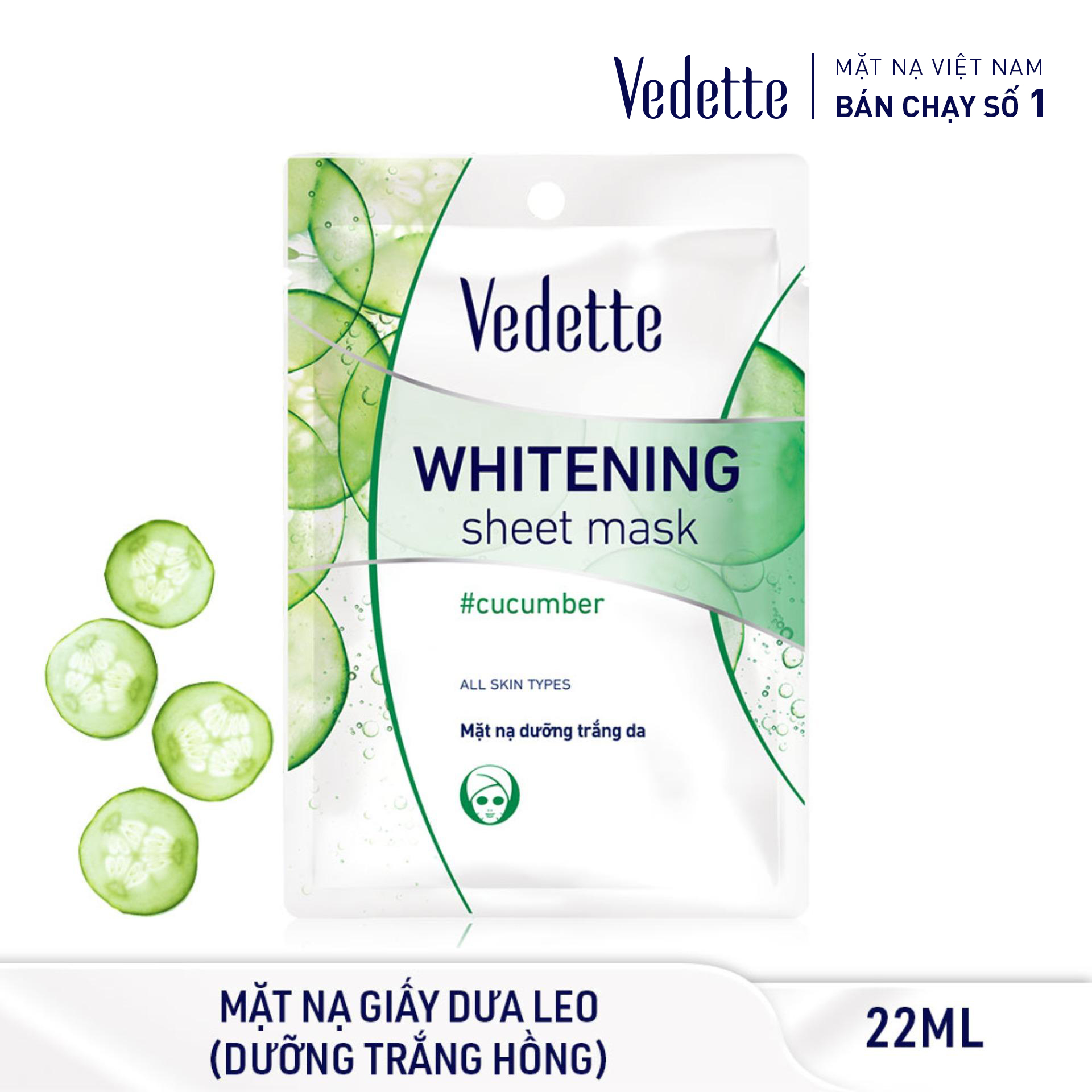 Mặt nạ giấy trắng da dưa leo 22ml vedette - dưỡng ẩm & se da - tpm019