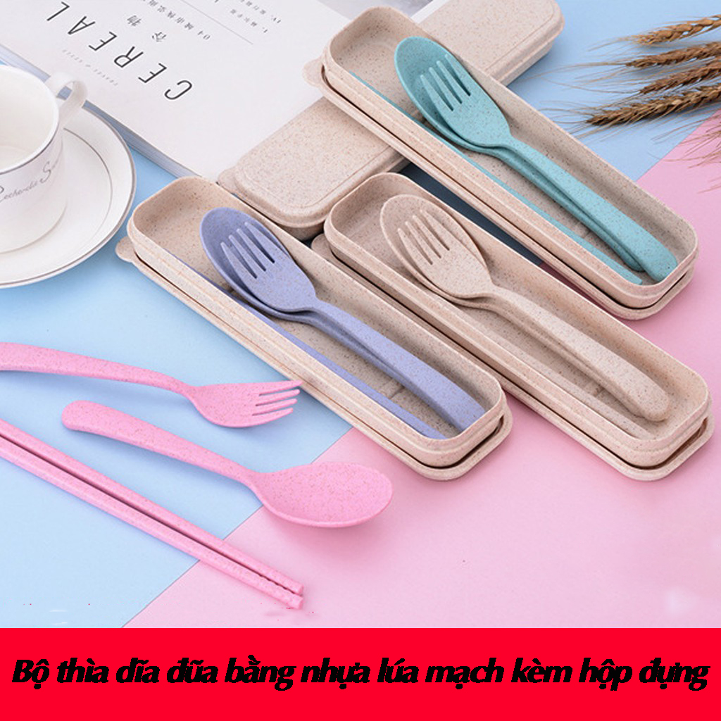 Bộ thìa dĩa đũa bằng nhựa lúa mạch kèm hộp đựng, dụng cụ thìa đũa mang đi, bộ thìa dĩa đũa nhỏ gọn, tiện dụng, thích hợp cho văn phòng nhà cửa, Huy Linh