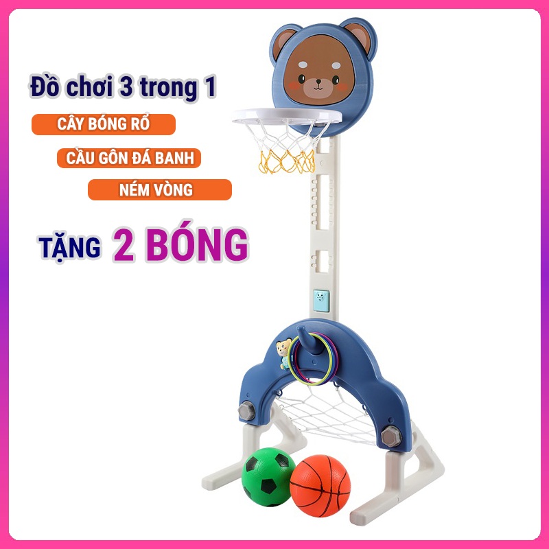 Đồ chơi bóng rổ kết hợp cầu gôn đa chức năng và ném vòng cho bé, có thể nâng cao và hạ thấp (Tặng kèm 2 bóng + đồ chơi phát nhạc)