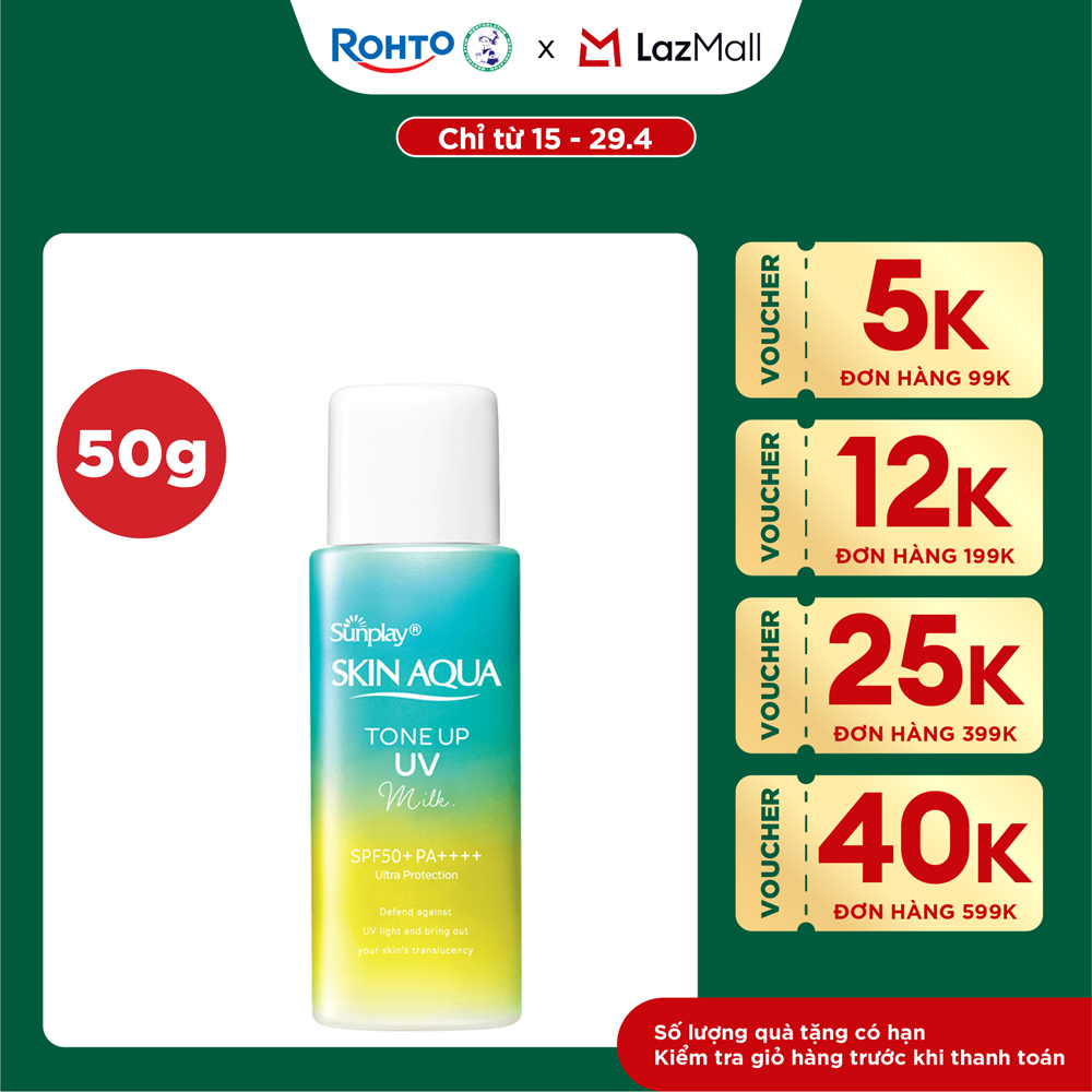 Kem chống nắng nâng tông Skin Aqua Tone up  Mint Green cho da trắng có khuyết điểm đỏ, dạng sữa Sunplay Skin Aqua Tone Up UV Milk Mint Green SPF 50+ PA++++ 50g