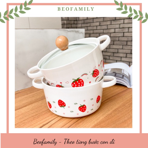 [Freeship] Bát Tô Sứ Hình Dâu Tây 🍓 Có Nắp Vung Kính Tiện Lợi, Bát Ăn Mì Dâu Tây Beofamily