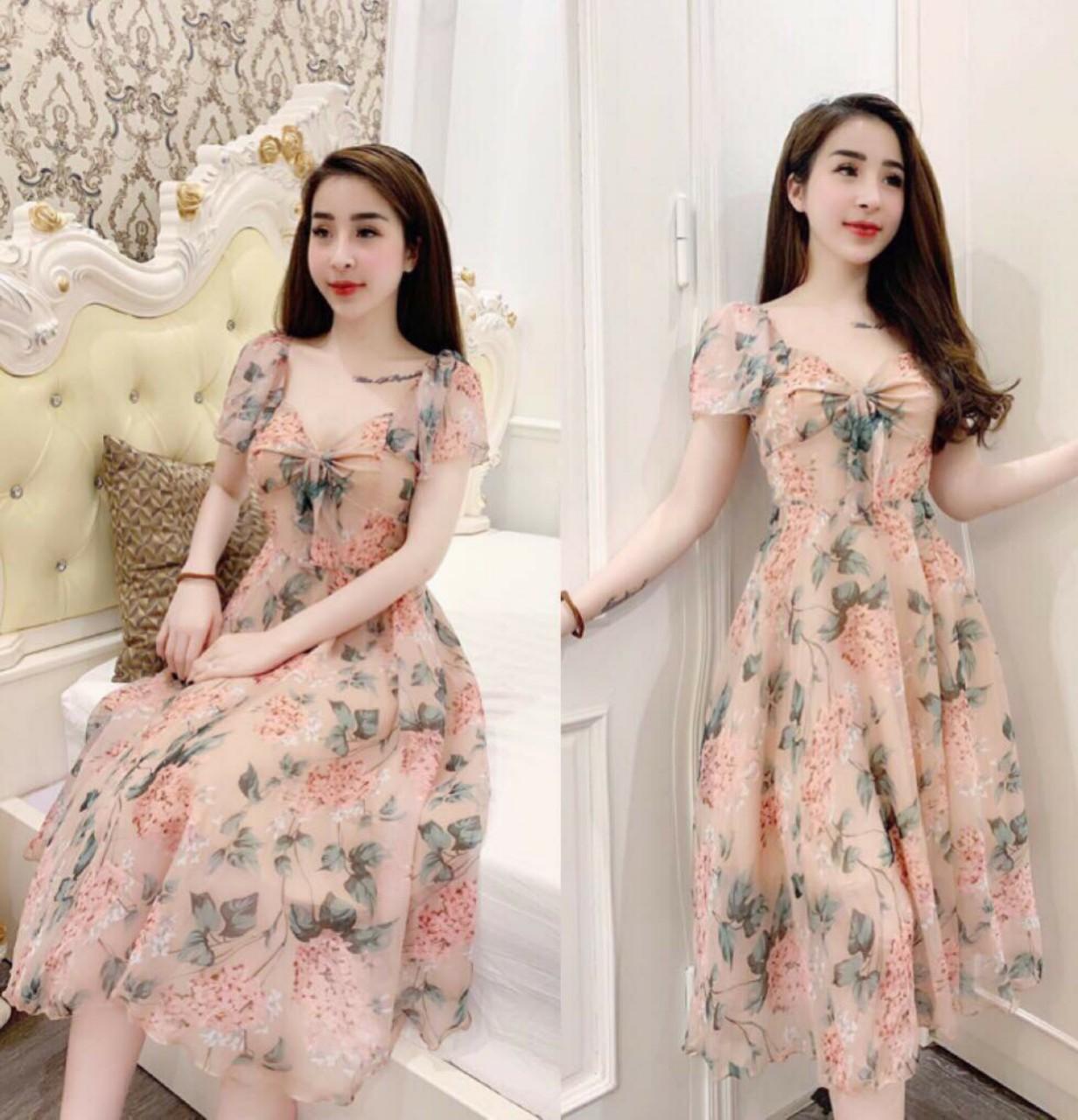 Đầm voan hoa cột nơ cao cấp thời trang nữ cao cấp