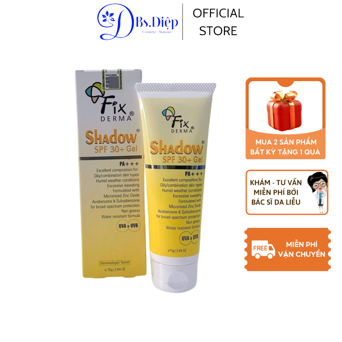 Kem chống nắng dạng gel thẩm thấu nhanh dành cho da dầu mụn nhạy cảm fixderma shadow spf 30+ gel