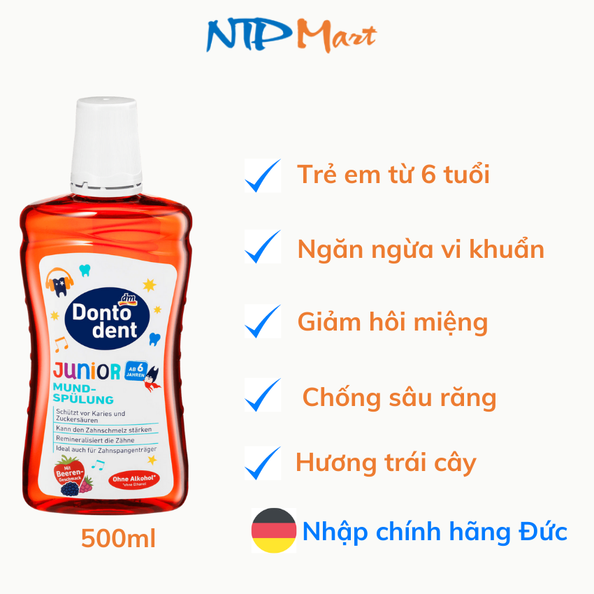 [HCM]Nước xúc miệng hương trái cây cho trẻ em từ 6 tuổi hiệu Dontodent của Đức, chai 500ml