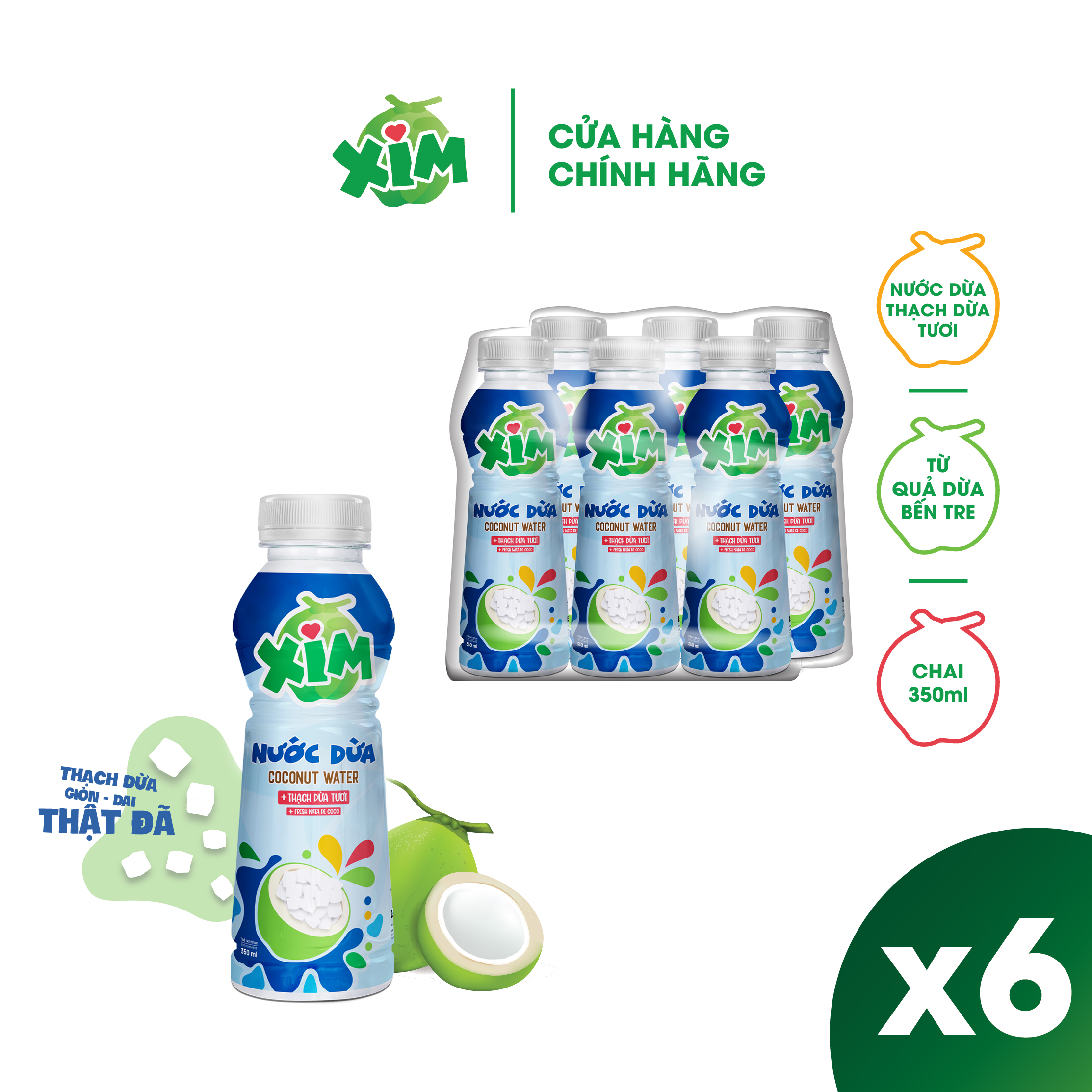 Combo 6 Chai Nước dừa Xim thạch dừa tươi chai PET 350ml