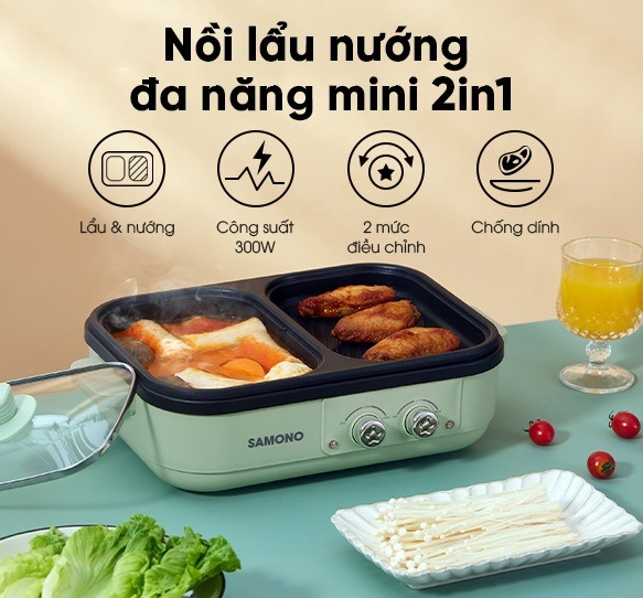 Bếp Lẩu Nướng 2 Ngăn Mini Samono . Trang bị cơ chế tự ngắt điện khi nhiệt độ quá cao, chống đoản mạch , đảm bảo sự an toàn tuyệt đối