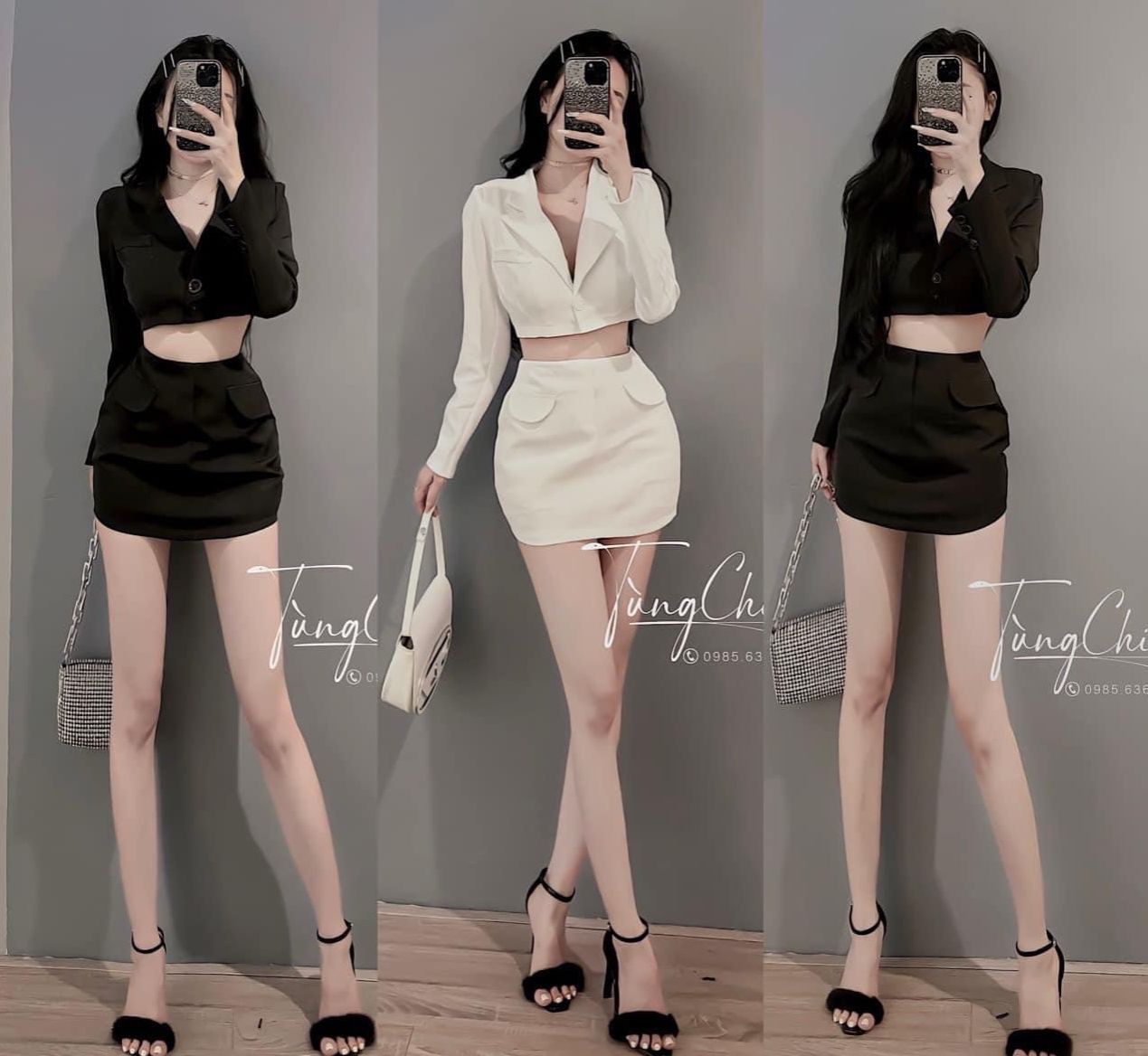 set vest nữ áo cổ vest tay dài chân váy ngắn ôm có lót trong chất form dày dặn m00118