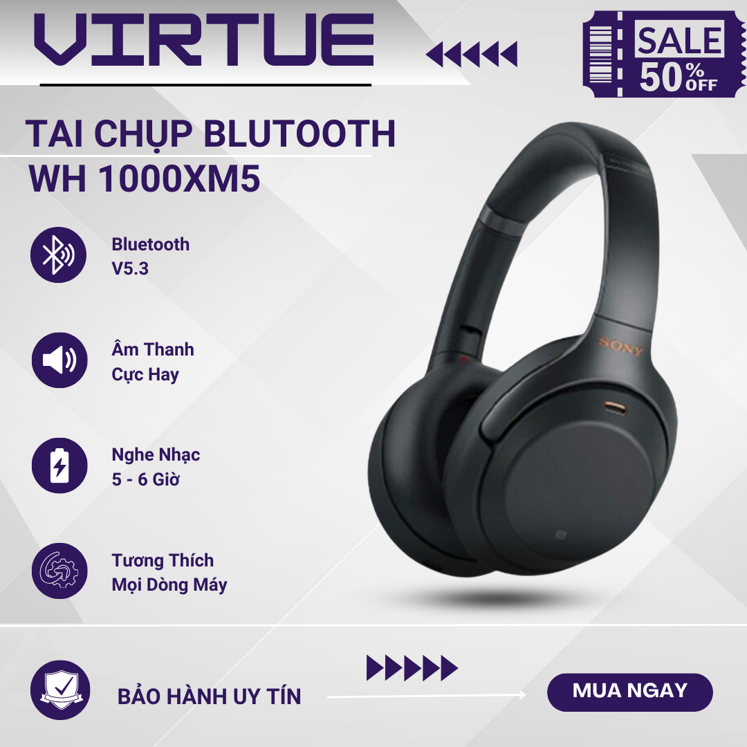 Tai Chụp Bluetooth Cao cấp Sony WH 1000XM5 , Kết nối Bluetooth V5.3 , Âm thanh chân thật , Chống ồn chủ động Nghe nhạc Liên Tục 6 Giờ ... BH Lỗi 1 đổi 1