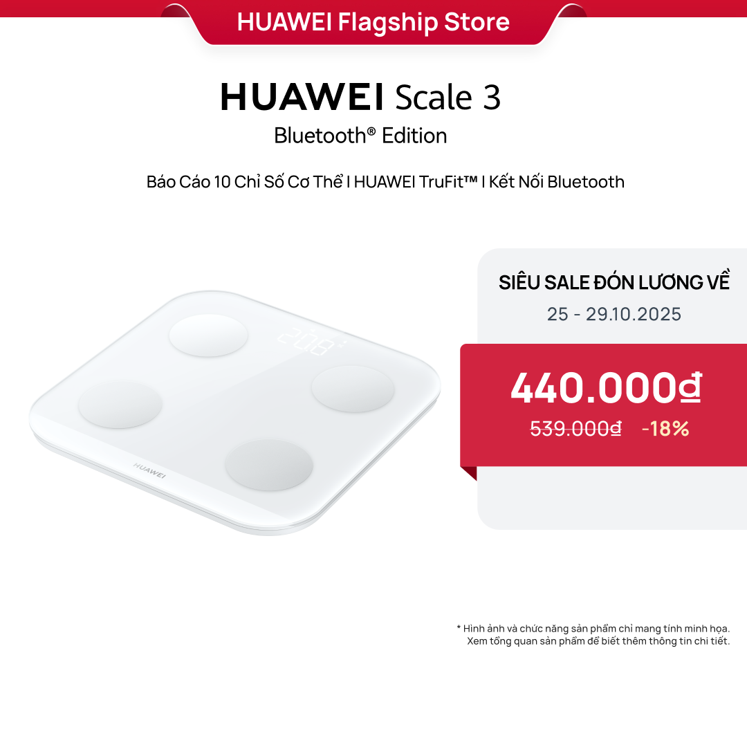 Cân điện tử HUAWEI Scale 3 Bluetooth®Edition | Báo cáo 10 chỉ số cơ thể | HUAWEI TruFit| Kết nối Blu
