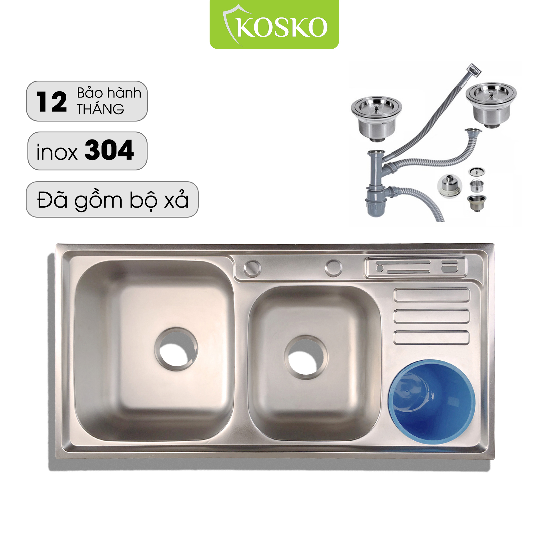 Chậu rửa bát inox KOSKO 92 x 45cm 2 Hố + 1 Bàn + 1 Gài Dao + 1 Hố Rác Có Lắp Đậy, Đã Bao Gồm Bộ Xả XIPHONG (Bảo hàng 12 tháng - 1 đổi 1 trong vòng 7 ngày) Chưa có vòi rửa nhé