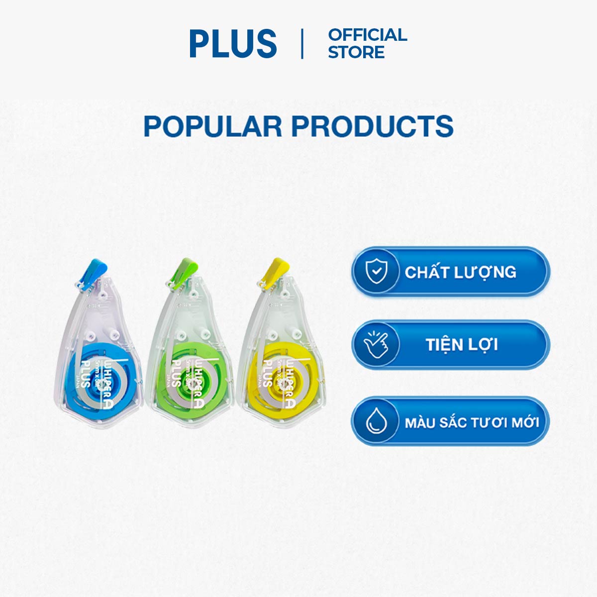 Combo 3 Bút Xóa Kéo, Băng Xóa Kéo, Bút Xóa Giấy PLUS A Happy Color - Thiết Kế Dễ Sử Dụng, Có Nắp Bảo Vệ Đầu Kéo