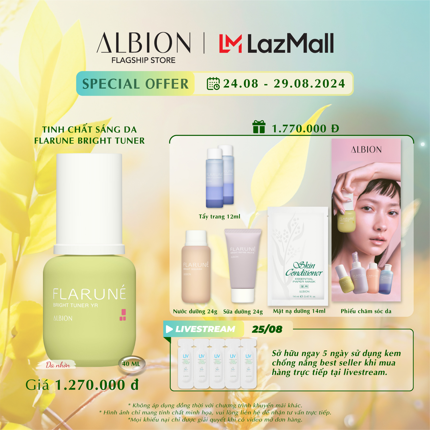 Tinh chất dưỡng trắng sáng da, thích hợp cho da nhờn, albion flarune bright tuner yr 40ml