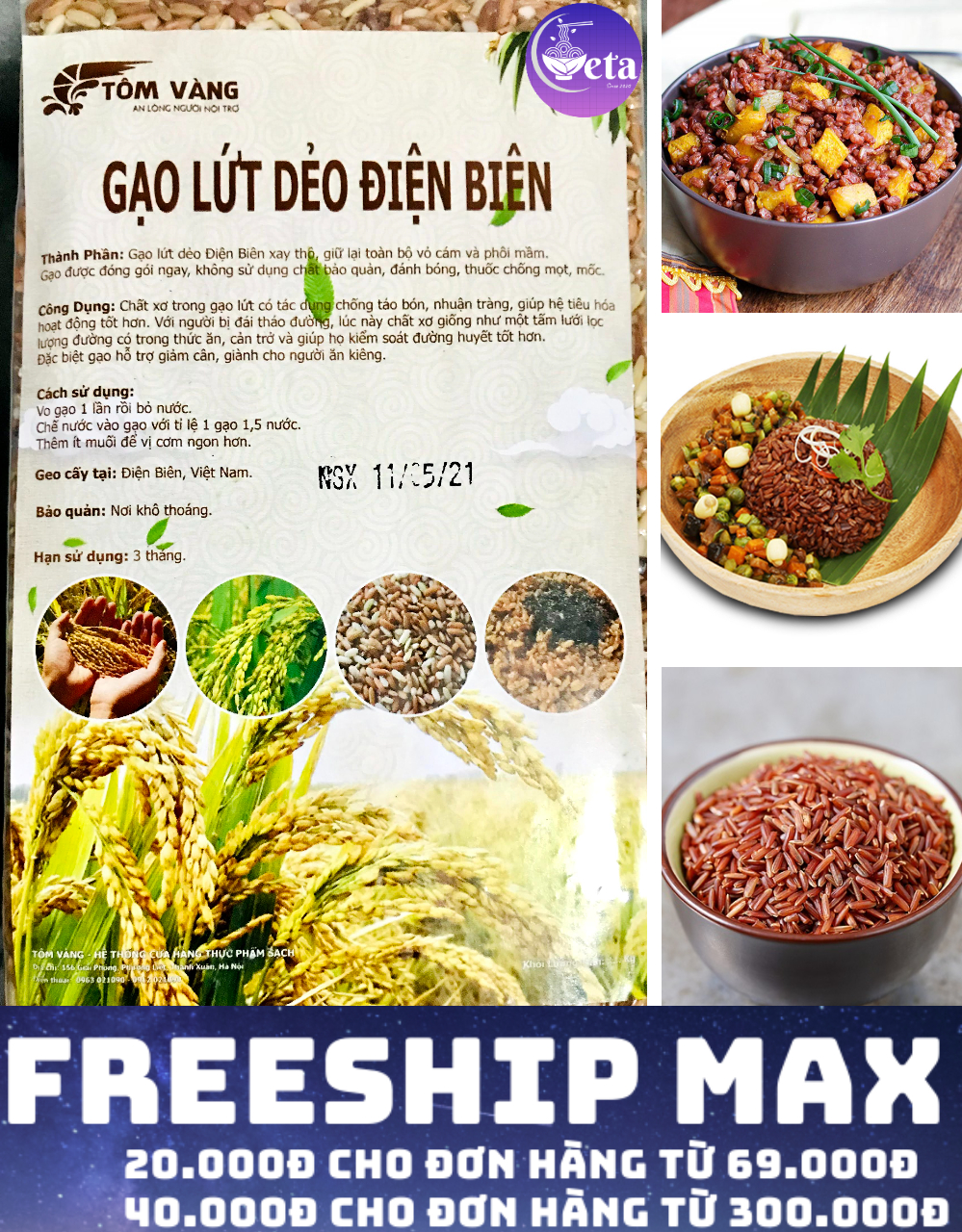 Gạo lứt đỏ Điện Biên 1kg, gạo lứt Tôm vàng dẻo thơm- thực dưỡng, eatclean, không ngâm - hcm, đồng nai
