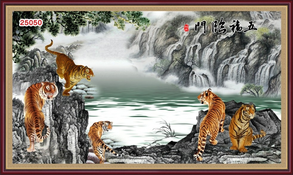 Tranh lụa 3D con hổ dán tường