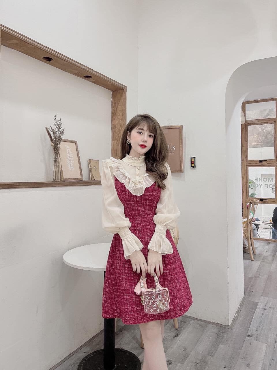 Váy dạ tiểu thu cổ phối ren tay pha voan siêu xinh