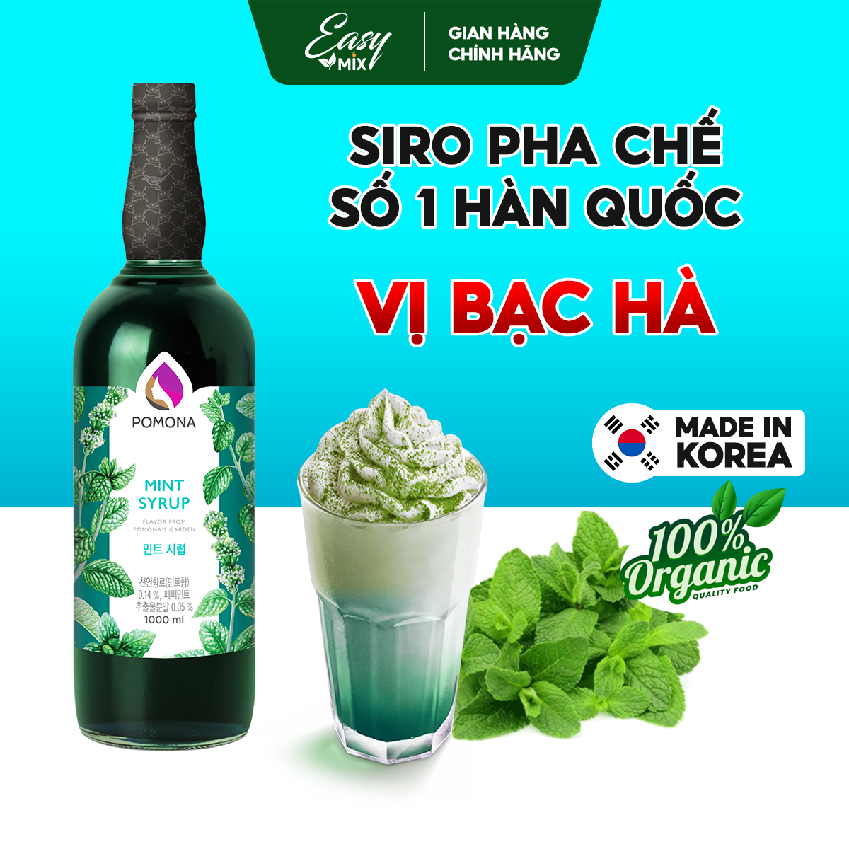 Siro Bạc Hà Pomona Mint Syrup Nguyên Liệu Pha Chế  Hàn Quốc Chai Thủy Tinh 1 Lít